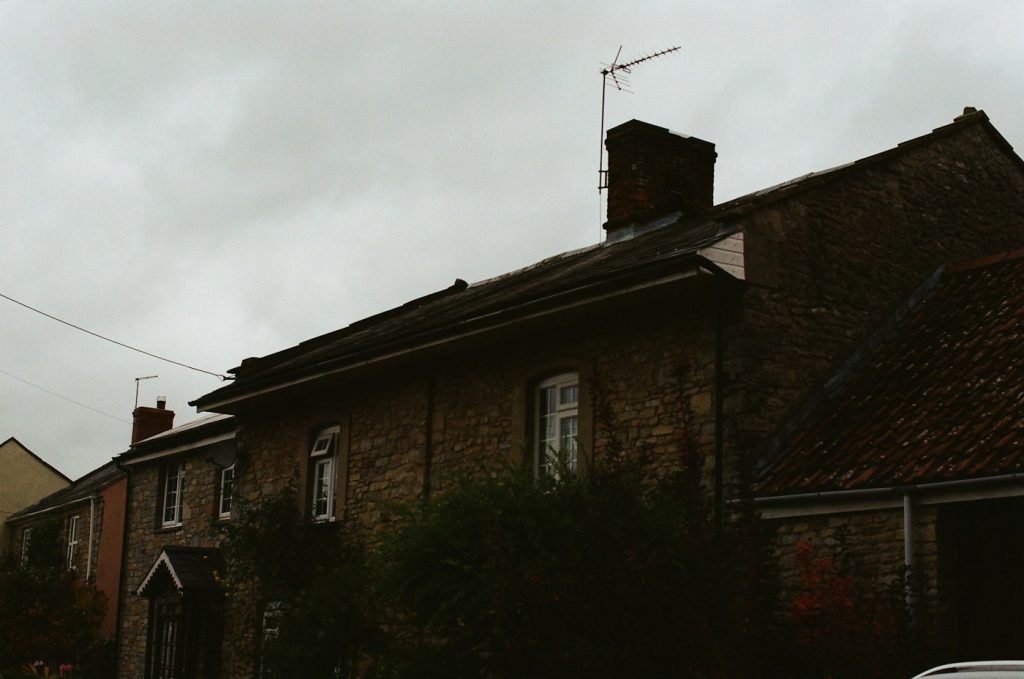 Brick houses with rooftop TV aerials